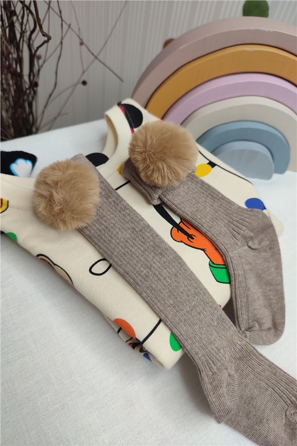 Ponponlu Kahve Diz Altı Çorap