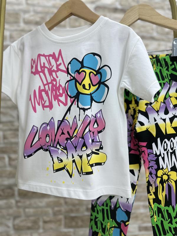 Kız Çocuk Renkli Love Days Fitilli Tayt Takım