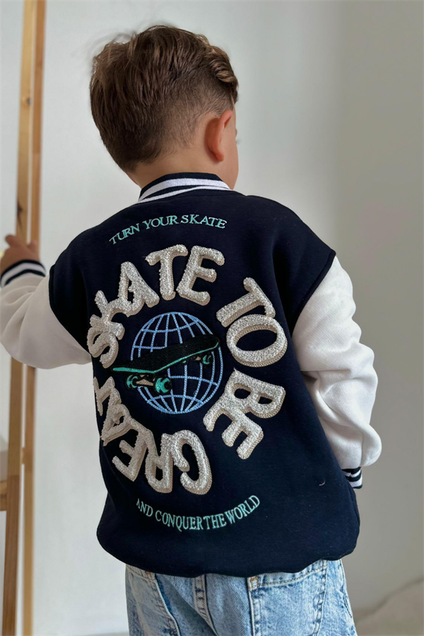 Erkek Çocuk Şardonlu Süzene Nakışlı Siyah Beyaz  Kolej Ceket