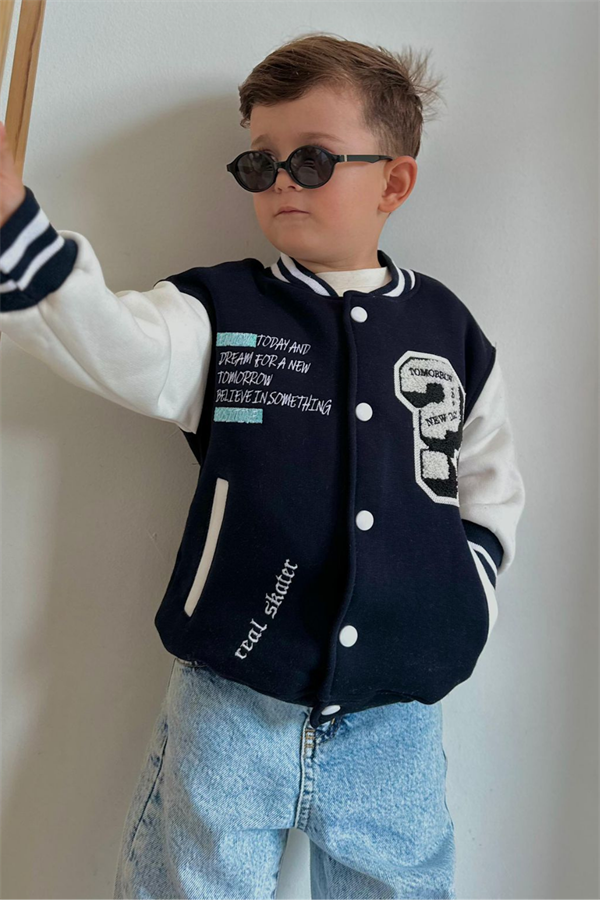 Erkek Çocuk Şardonlu Süzene Nakışlı Siyah Beyaz  Kolej Ceket