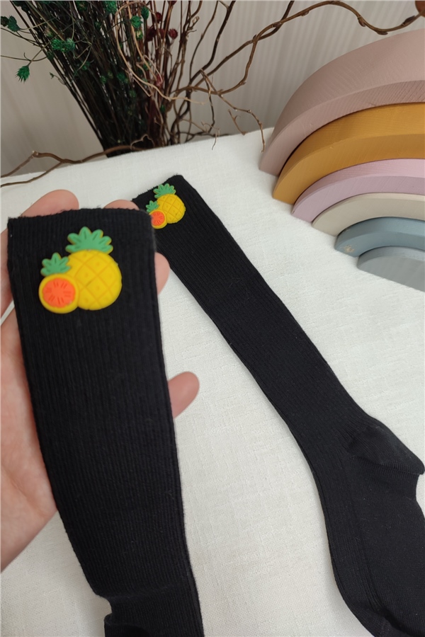 Siyah Ananas Figürlü Diz Altı Çorap