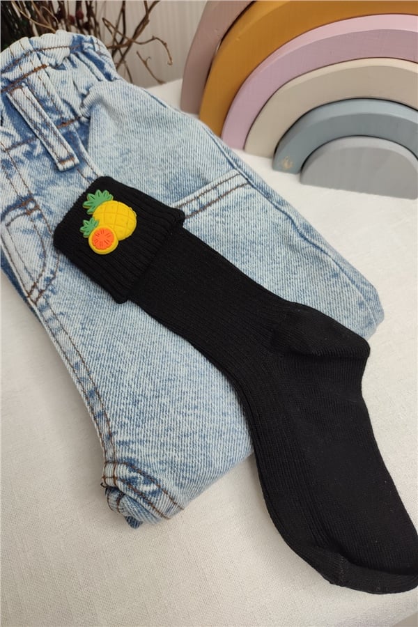 Siyah Ananas Figürlü Diz Altı Çorap