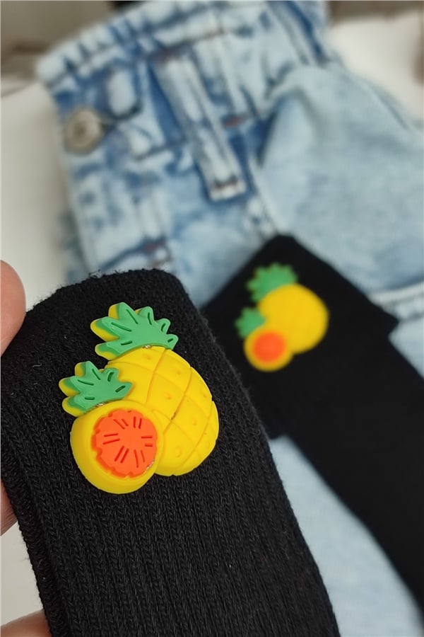 Siyah Ananas Figürlü Diz Altı Çorap