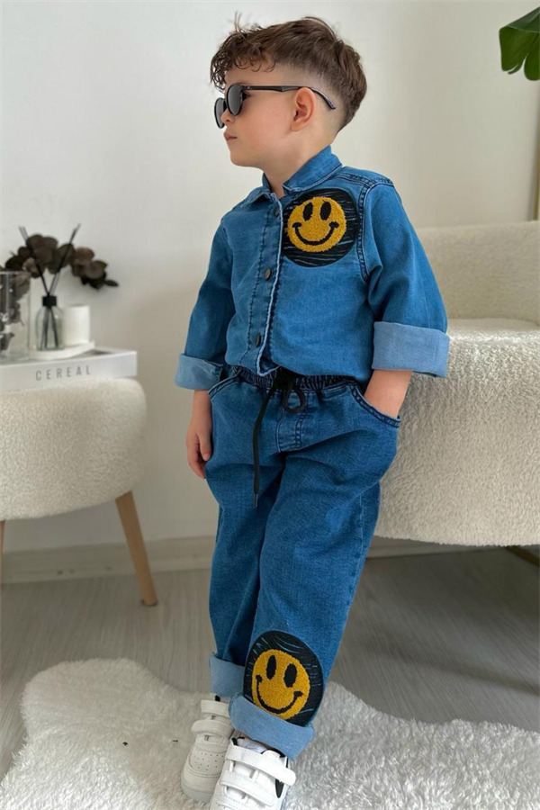 Smile Baskı Denim İkili Takım