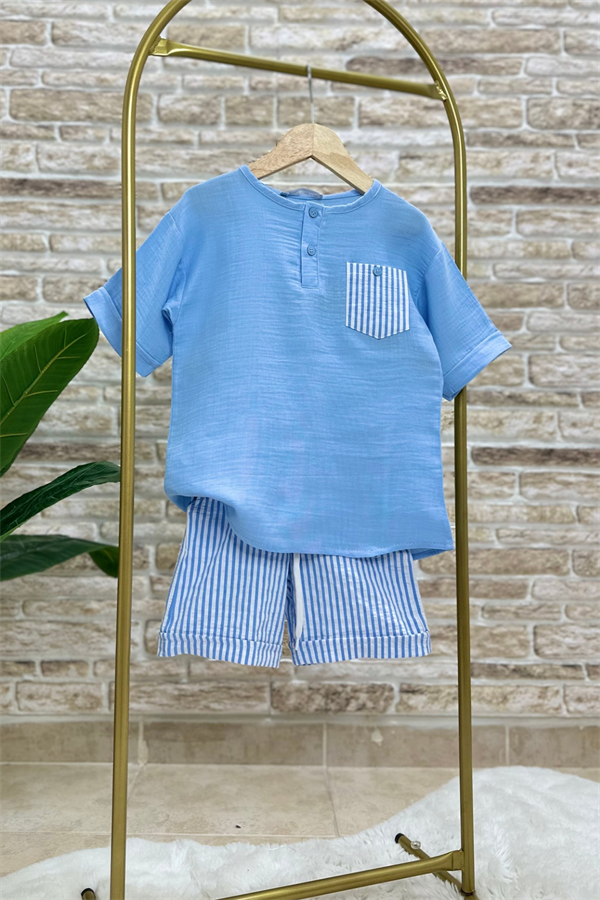 Şort Çizgili Gömlekli Mavi Takım