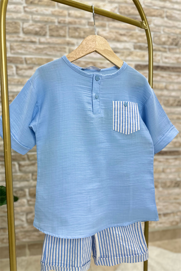 Şort Çizgili Gömlekli Mavi Takım