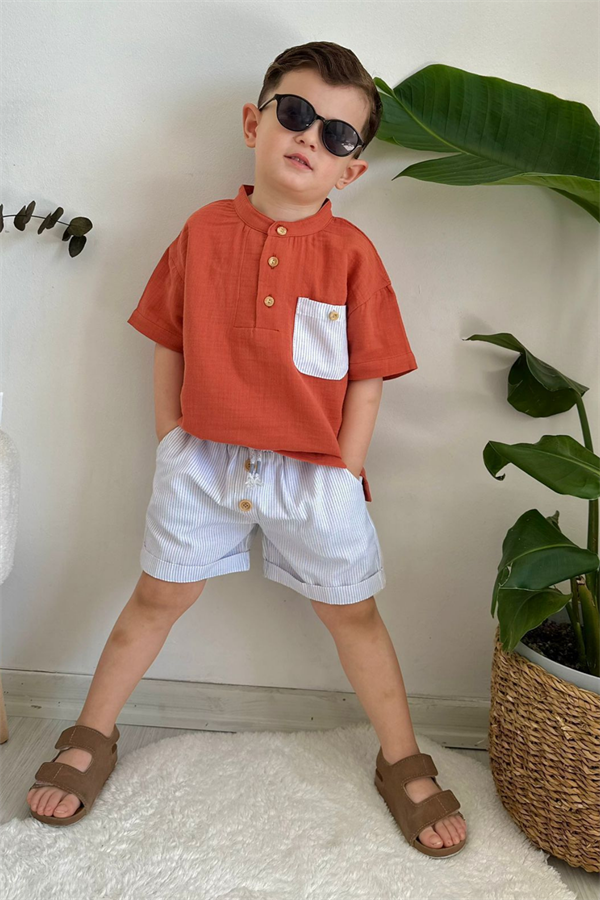 Şortlu 3 Düğme Gömlek Kiremit Takım