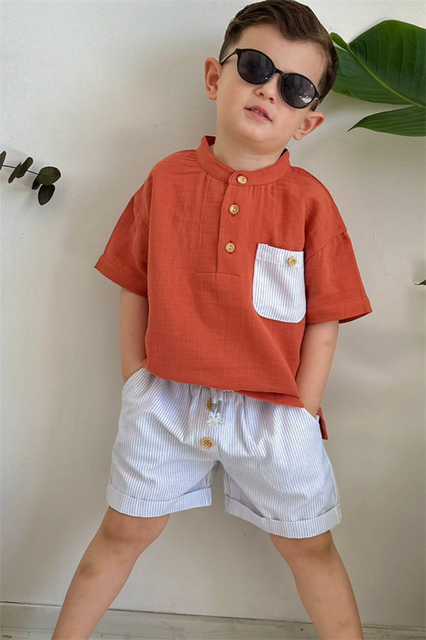 Şortlu 3 Düğme Gömlek Kiremit Takım