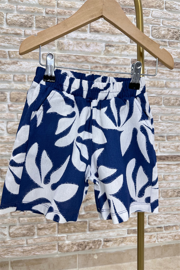 Şortlu Gömlekli Yaprak Baskı Lacivert  Takım