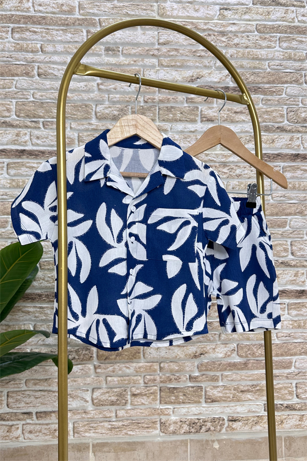 Şortlu Gömlekli Yaprak Baskı Lacivert  Takım