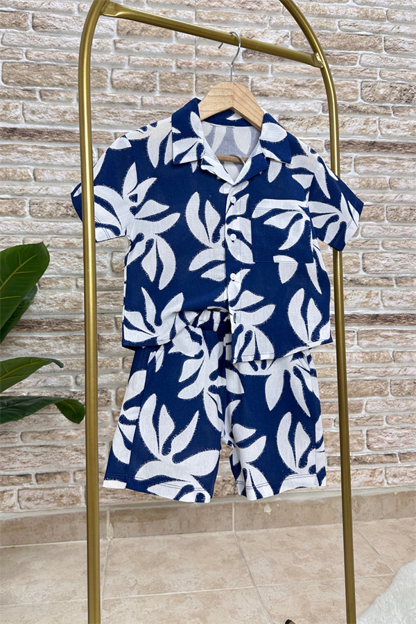 Şortlu Gömlekli Yaprak Baskı Lacivert  Takım