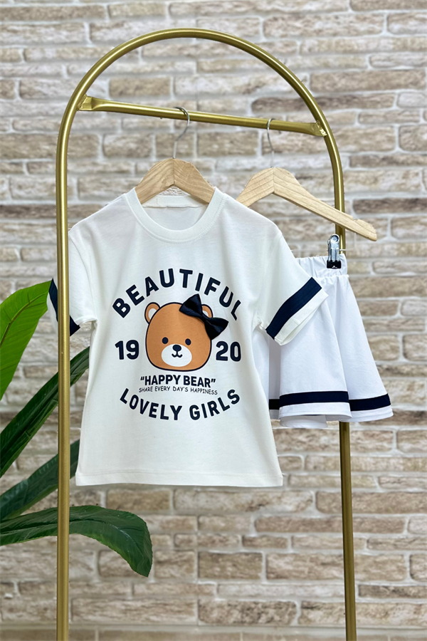 Teddy Bear Baskılı Beyaz Etek Takım