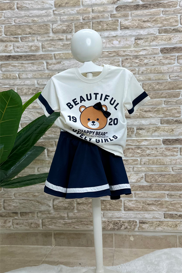 Kız Çocuk Teddy Bear Baskılı Lacivert Etek Takım