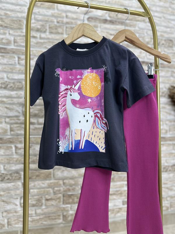Unicorn Baskı İspanyol Vişne Fitilli Tayt Takım