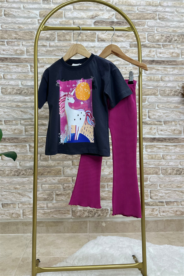 Unicorn Baskı İspanyol Vişne Fitilli Tayt Takım