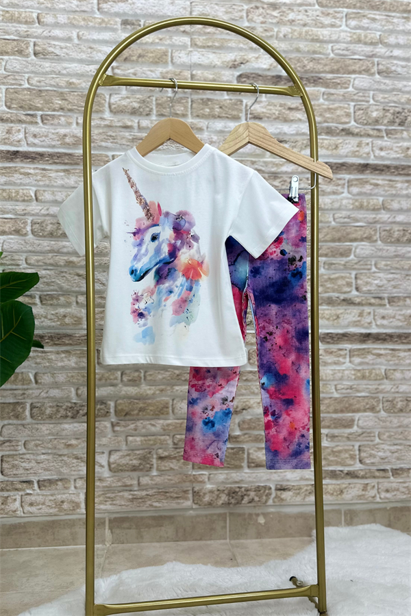 Kız Çocuk Unicorn Ebruli Fitilli Tayt Takım
