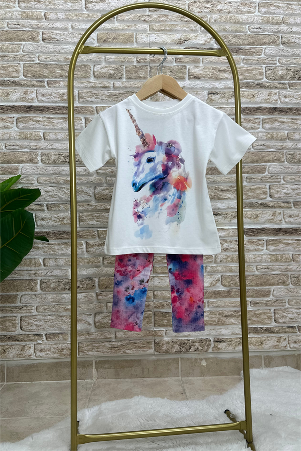 Kız Çocuk Unicorn Ebruli Fitilli Tayt Takım