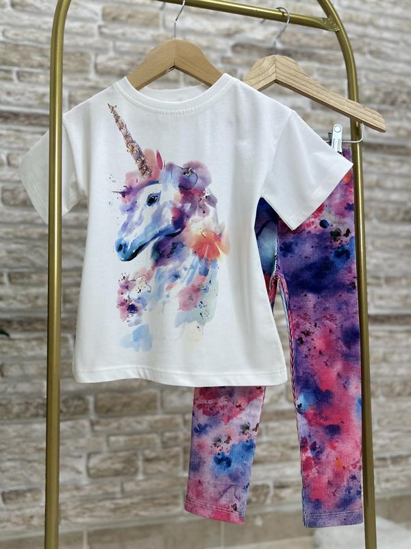 Kız Çocuk Unicorn Ebruli Fitilli Tayt Takım
