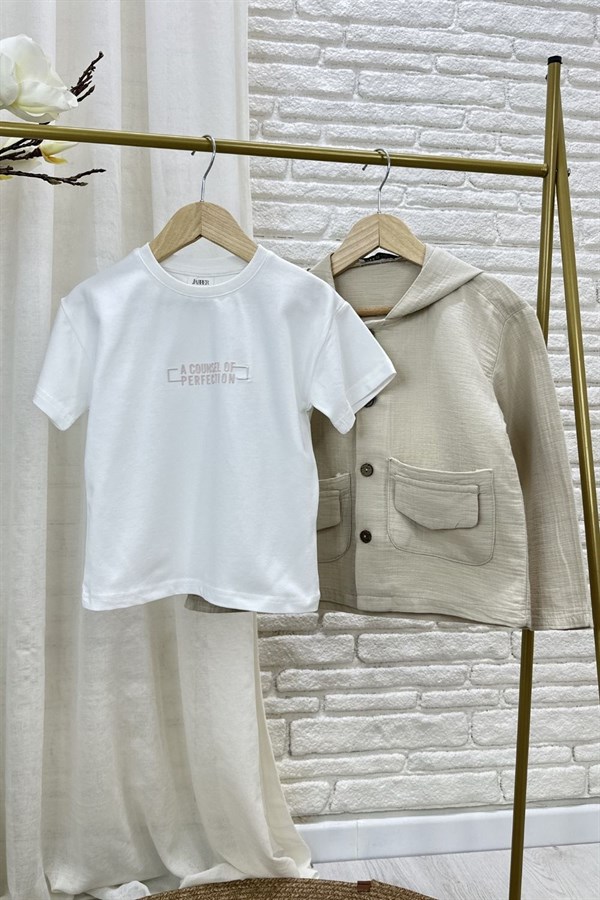 Unisex 2li Üst Tshirt Dahil Müslin Krem Takım