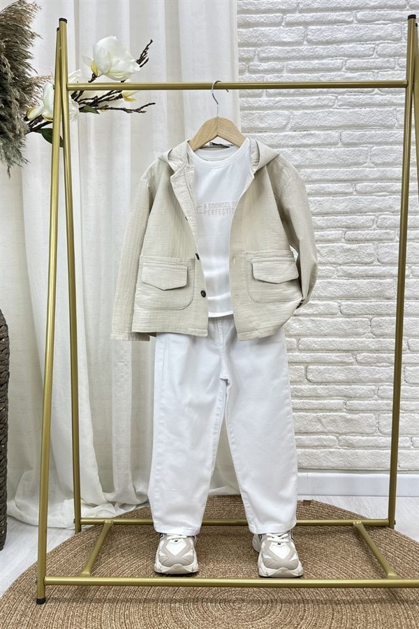 Unisex 2li Üst Tshirt Dahil Müslin Krem Takım