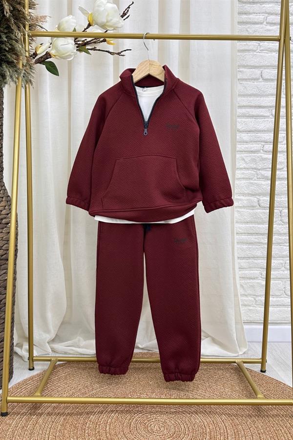 Unisex 3 İplik Balıkçı Dik Yaka Bordo Takım