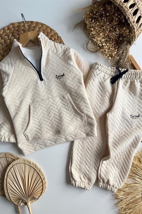 Unisex 3 İplik Balıkçı Dik Yaka Krem Takım