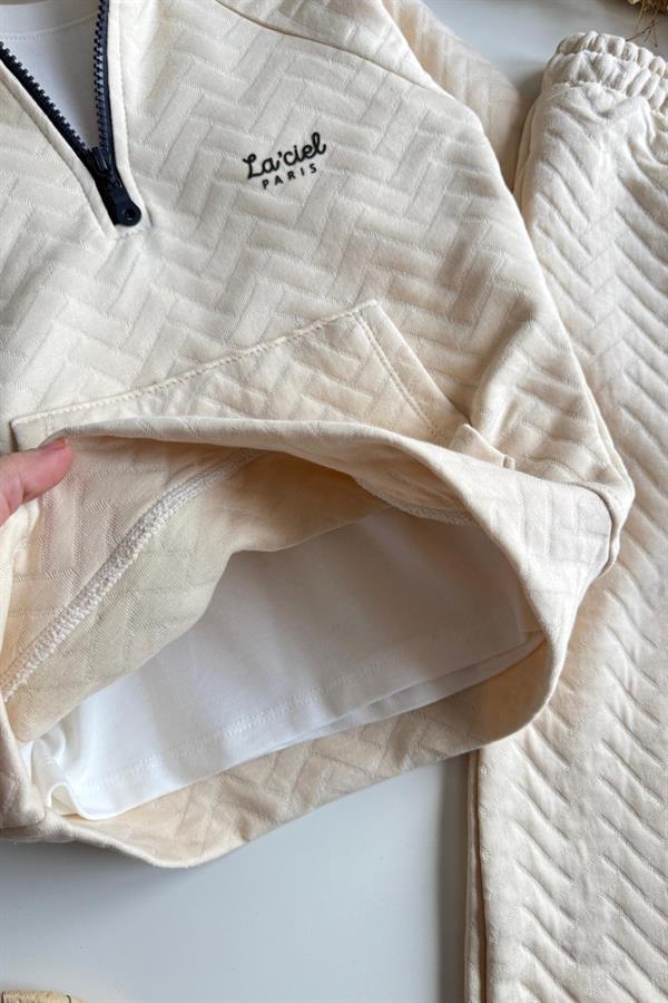 Unisex 3 İplik Balıkçı Dik Yaka Krem Takım
