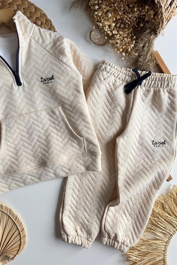 Unisex 3 İplik Balıkçı Dik Yaka Krem Takım