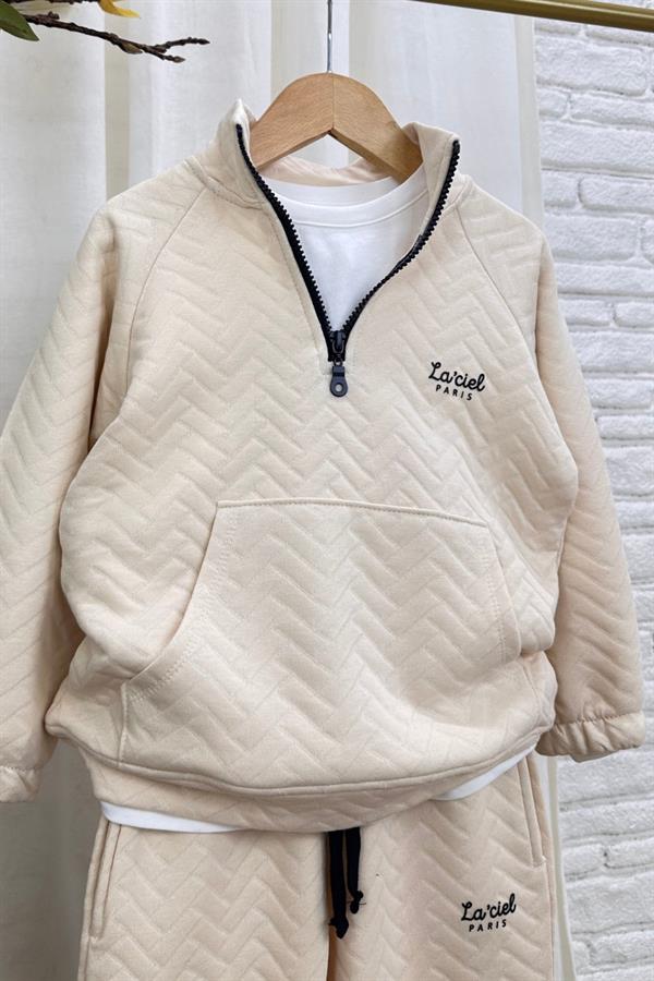 Unisex 3 İplik Balıkçı Dik Yaka Krem Takım