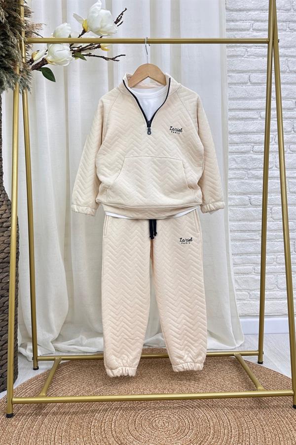 Unisex 3 İplik Balıkçı Dik Yaka Krem Takım