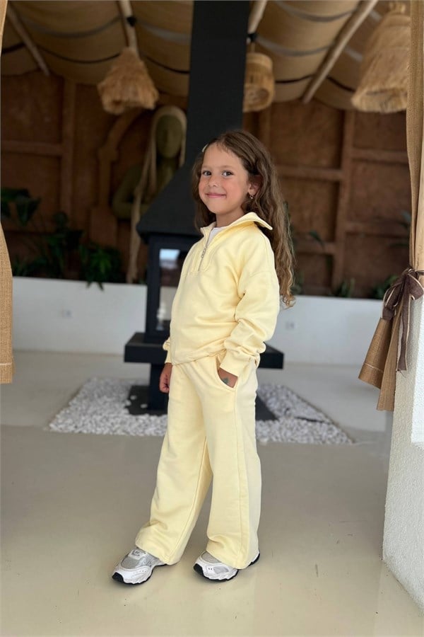 Unisex 3 İplik Balıkçı Yaka Fermuarlı Sarı Takım