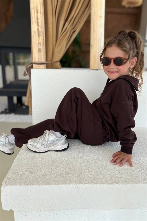 Unisex 3 İplik Balıkçı Yaka Fermuarlı Kahve Takım