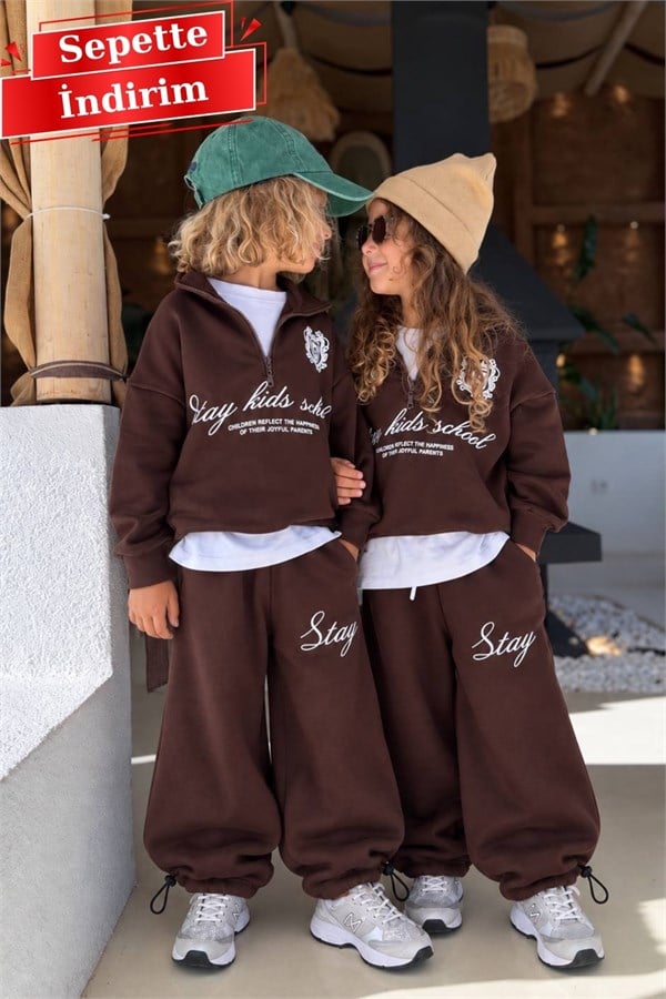 Unisex 3 İplik Dik Yaka Balıkçı Kahve Takım