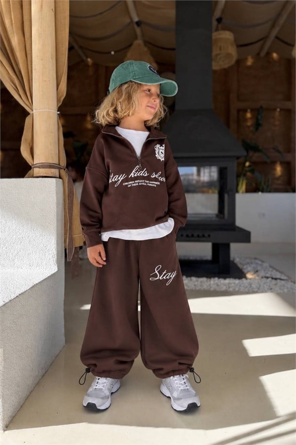Unisex 3 İplik Dik Yaka Balıkçı Kahve Takım