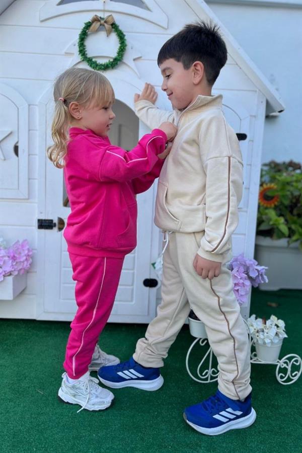 Unisex 3 İplik Dik Yaka Fermuarlı Bej Takım