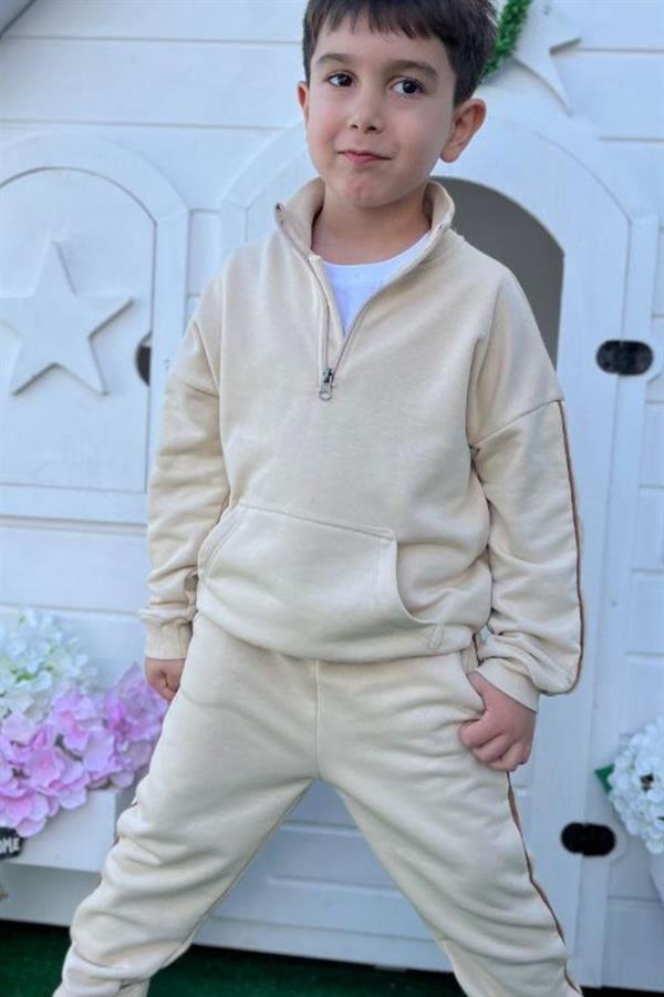 Unisex 3 İplik Dik Yaka Fermuarlı Bej Takım