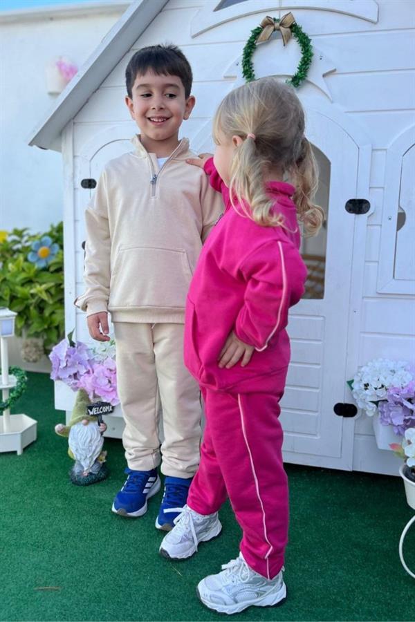 Unisex 3 İplik Dik Yaka Fermuarlı Bej Takım