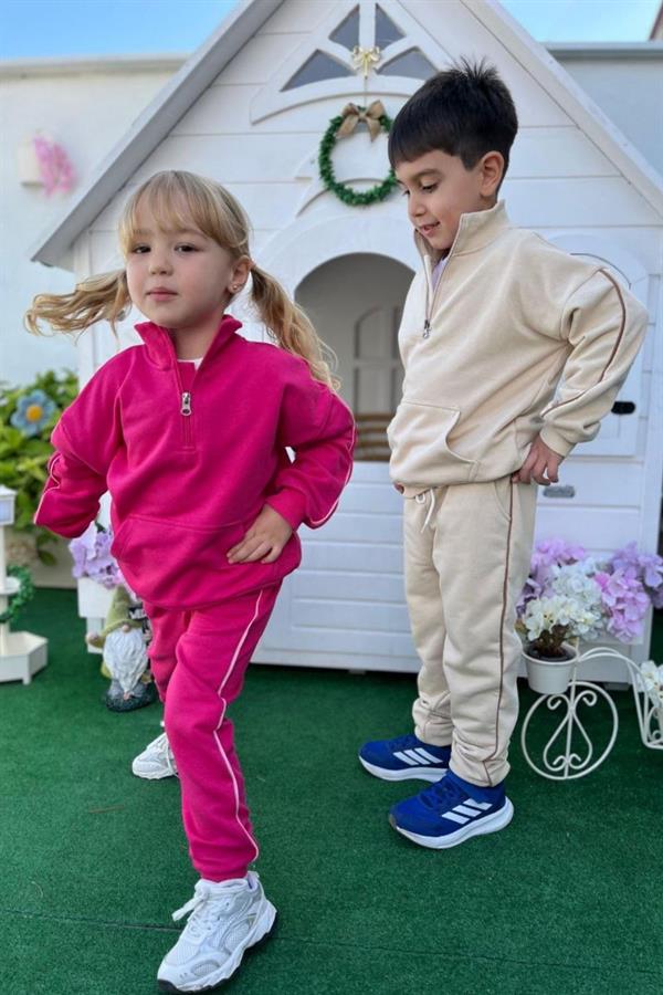 Unisex 3 İplik Dik Yaka Fermuarlı Bej Takım