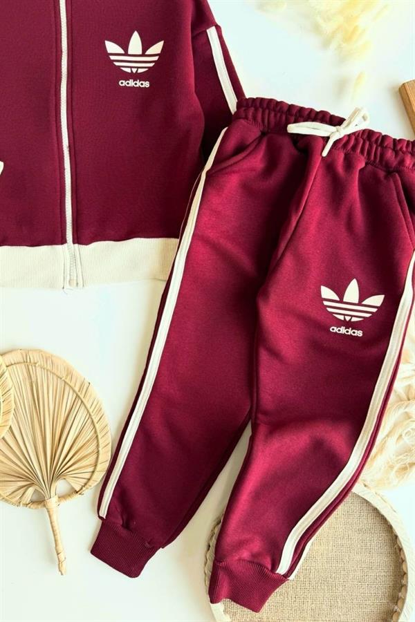 Unisex 3 İplik Fermuarlı Adids Bordo Ekru Takım