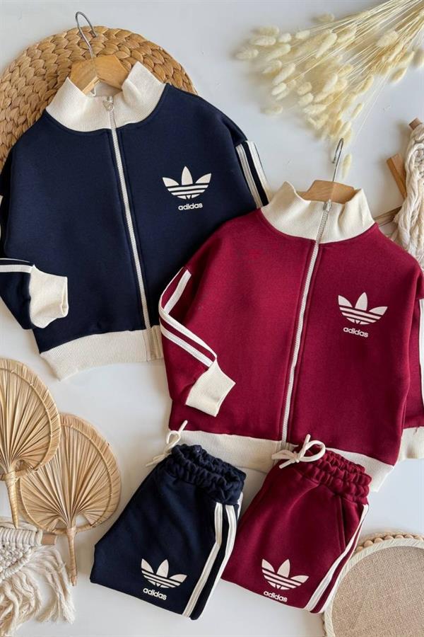Unisex 3 İplik Fermuarlı Adids Bordo Ekru Takım