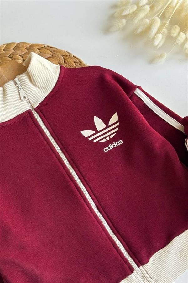 Unisex 3 İplik Fermuarlı Adids Bordo Ekru Takım