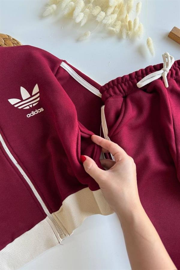 Unisex 3 İplik Fermuarlı Adids Bordo Ekru Takım
