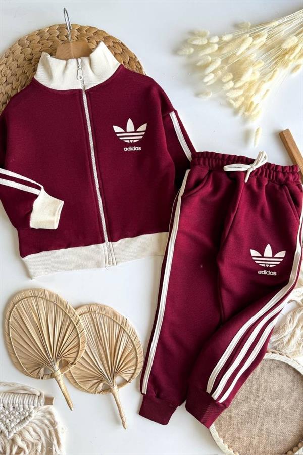 Unisex 3 İplik Fermuarlı Adids Bordo Ekru Takım