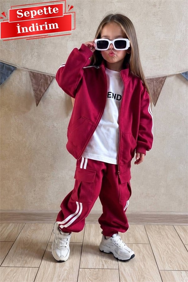Unisex 3 İplik Fermuarlı Bordo Cepli Takım