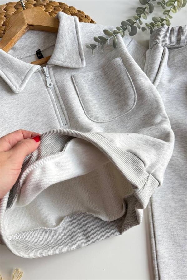 Unisex 3 İplik Fermuarlı Gömlek Yaka Gri Takım