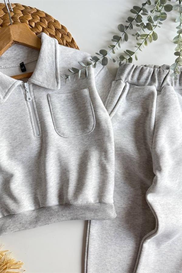 Unisex 3 İplik Fermuarlı Gömlek Yaka Gri Takım