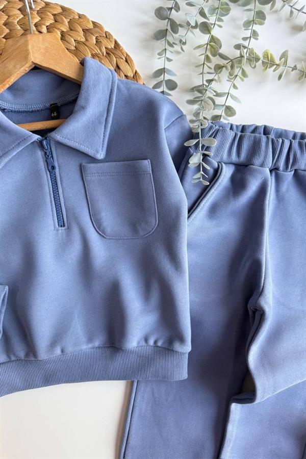 Unisex 3 İplik Fermuarlı Gömlek Yaka Mavi Takım