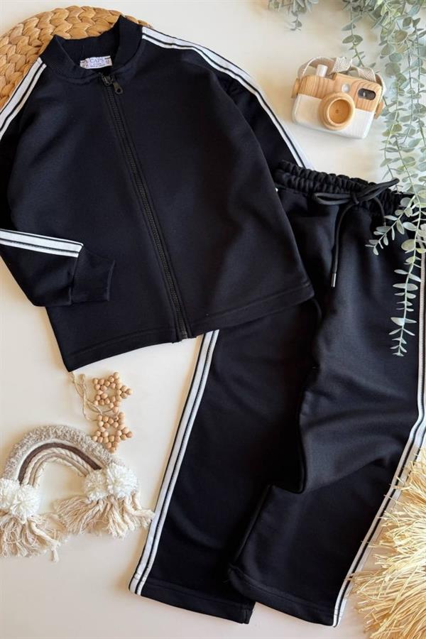 Unisex 3 İplik Fermuarlı Siyah Beyaz Çizgili Takım