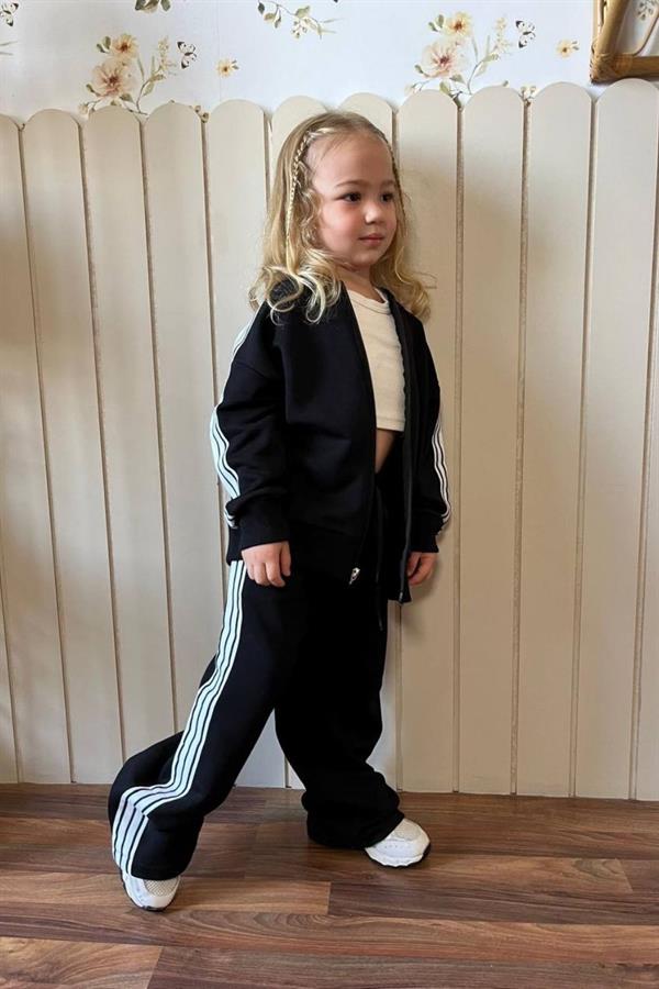 Unisex 3 İplik Fermuarlı Siyah Beyaz Çizgili Takım