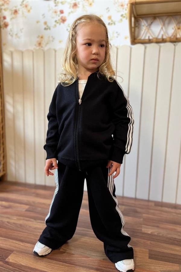 Unisex 3 İplik Fermuarlı Siyah Beyaz Çizgili Takım